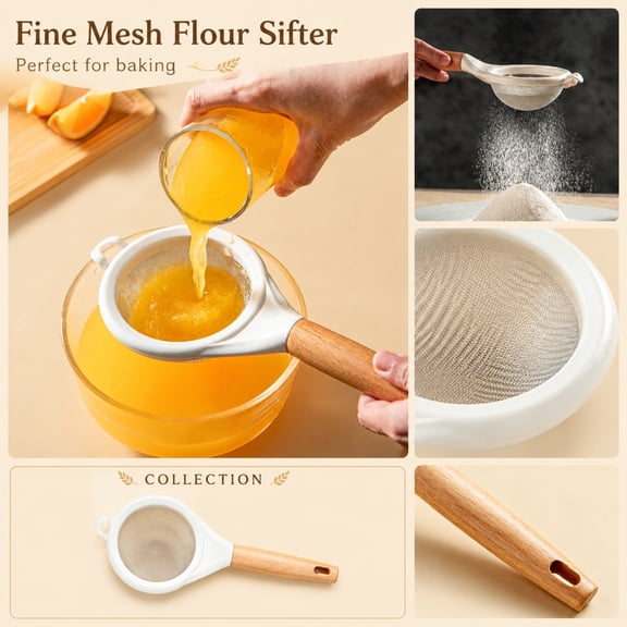 Flour Sifter, Flour Sifter for Baking, Fine Mesh Strainer, Mesh Strainer with Handle, 10X4 Inch Sieve with Beech Wooden Handle for Sifting Powdered Sugar, Straining Flour, Sifting