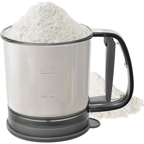 Flour Sifter, Plastic Sifter for Baking, 3 Cup Capacity Double Layer Fine Mesh Baking Sifter, One Hand Press Crank Sifter for Cooking Baking Kitchen