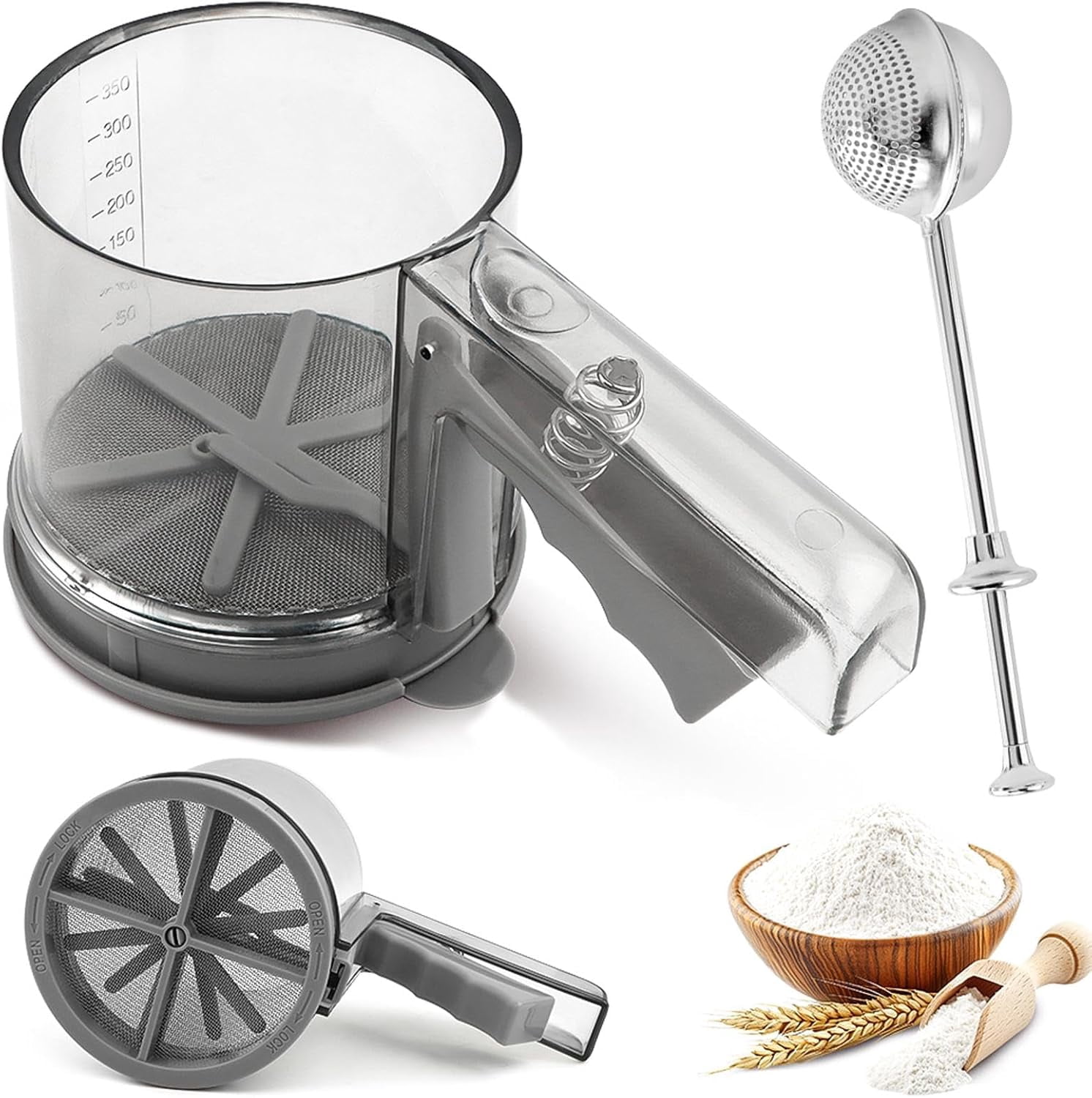Snifter Backing Flour Sifter Set, 2 in 1 Sifter for Baking Straight Handle & Press ...