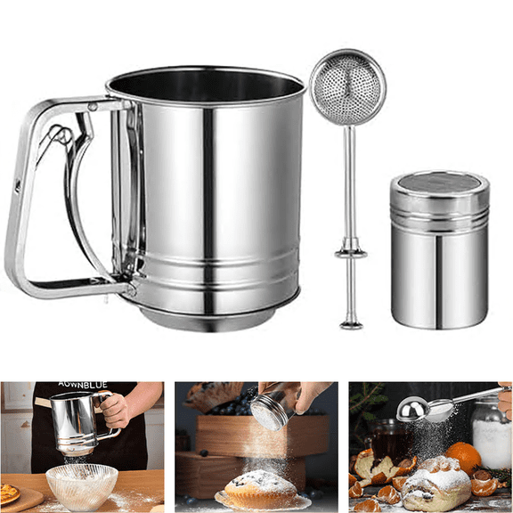 Flour Sifter, Sifter for Baking with Flour and Powdered Sugar Shaker Duster Set, 3 Cup 3 in 1 Stainless Steel Fine Mesh Sifter for Cakes, Pastries