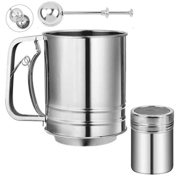 Flour Sifter Stainless Steel, 3 in1 Sifter for Baking with Powdered Sugar Shaker Duster, Flour Shaker Duster for Baking Cakes, Pastries, Pies, Cupcakes and Desserts