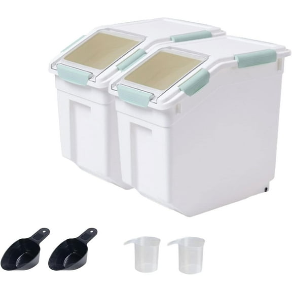 Flour Storage Container 25 lb Rice Storage Container with Wheels Seal Locking Lid, Food Containers with Measuring Cup& Scoop for Flour, Rice, Grain, Gray, 2Pack