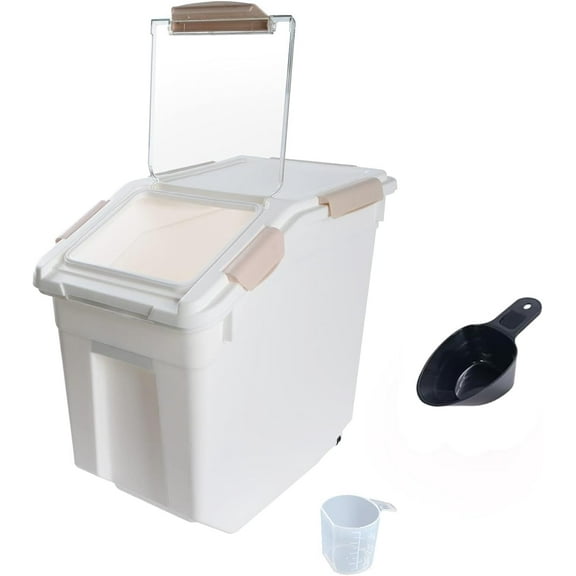 Flour Storage Container 25 lb Rice Storage Container with Wheels Seal Locking Lid, Food Containers with Measuring Cup& Scoop for Flour, Rice, Grain(Pink)