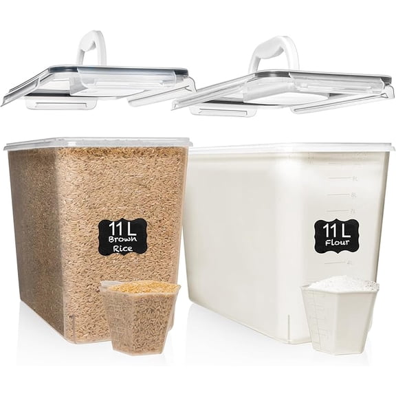 Flour Sugar Storage Containers with Easy Carry Handle - Plastic Extra Large Food Storage Containers with Lids for Rice Cereal, Free & Airtight Kitchen Pantry Organization