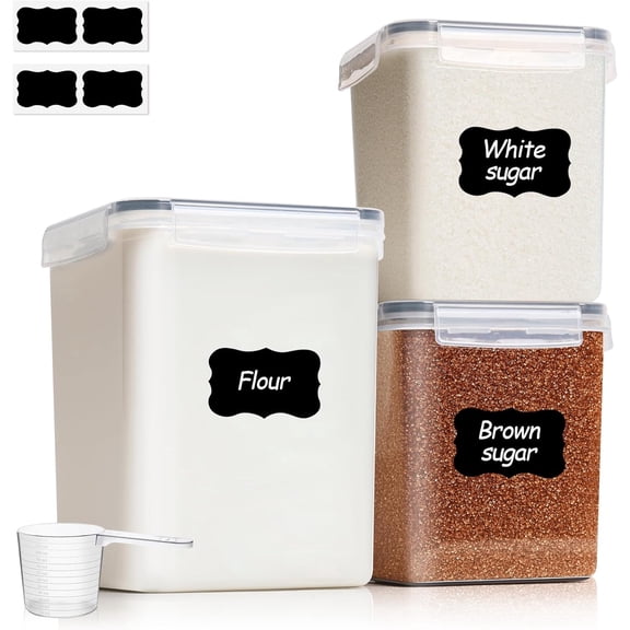 Flour Sugar Storage Containers Set of 3 (5.2L/5.5Qt) (2.5L/2.6Qt*2), Large Airtight Food Storage Containers with Lids, Plastic Canisters Sets for Kitchen, Pantry Organizers for Rice and Baking
