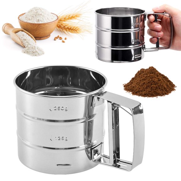 Flour sieve stainless steel material manufacturing,Coffee Sieve Cup,Semi Automatic 2 Cup Sifter for Baking | Fine Mesh Pastry Sieve Cup.
