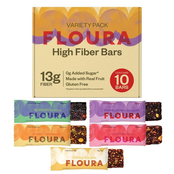 Floura Variety Pack Fruit-Forward Fiber Bars High Fiber, Vegan, Gluten & Dairy Free, Low Calorie Healthy Snack Bars with Upcycled Produce for Gut Health [10 P