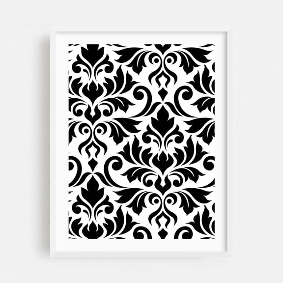 Flourish Damask Art Black on White - Digital Art Pattern Floral Black and White Geometric Art Deco Victorian Modern Art White Framed Wall Art Print 12 x 16 inches