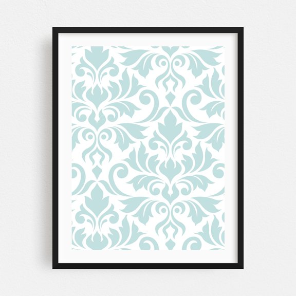Flourish Damask Art Duck Egg Blue on White - Digital Art Pattern Floral Geometric Abstract Vintage Art Deco Minimalist Black Framed Wall Art Print 5 x 7 inches