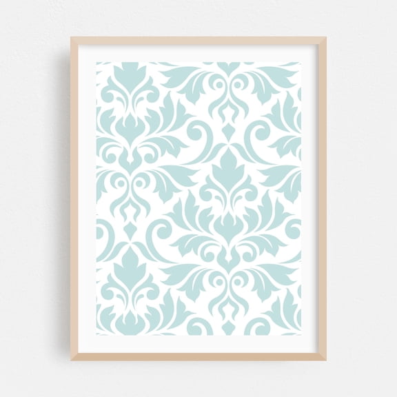 Flourish Damask Art Duck Egg Blue on White - Digital Art Pattern Floral Geometric Abstract Vintage Art Deco Minimalist Oak Framed Wall Art Print 5 x 7 inches