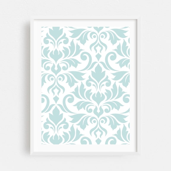 Flourish Damask Art Duck Egg Blue on White - Digital Art Pattern Floral Geometric Abstract Vintage Art Deco Minimalist White Framed Wall Art Print 18 x 24 inches