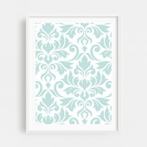 Flourish Damask Art Duck Egg Blue on White - Digital Art Pattern Floral Geometric Abstract Vintage Art Deco Minimalist White Framed Wall Art Print 8 x 10 inches