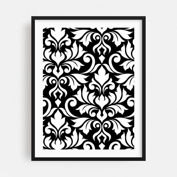 Flourish Damask Art White on Black - Digital Art Pattern Black and White Floral Geometric Art Deco Abstract Vintage Black Framed Wall Art Print 5 x 7 inches