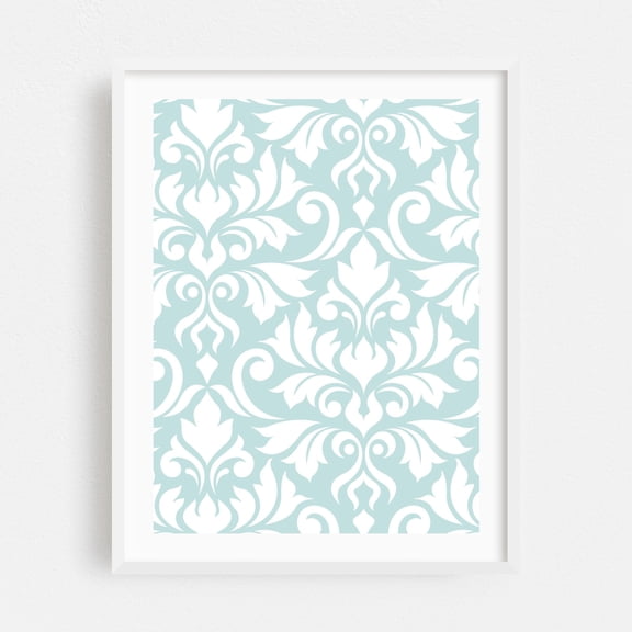 Flourish Damask Art White on Duck Egg Blue - Digital Art Pattern Floral Art Deco Geometric Vintage Minimalist Pastel White Framed Wall Art Print 5 x 7 inches
