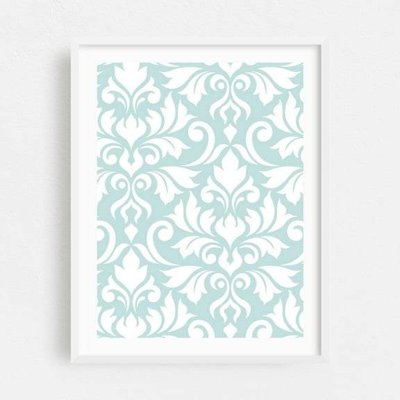 Flourish Damask Art White on Duck Egg Blue - Digital Art Pattern Floral Art Deco Geometric Vintage Minimalist Pastel White Framed Wall Art Print 8 x 10 inches
