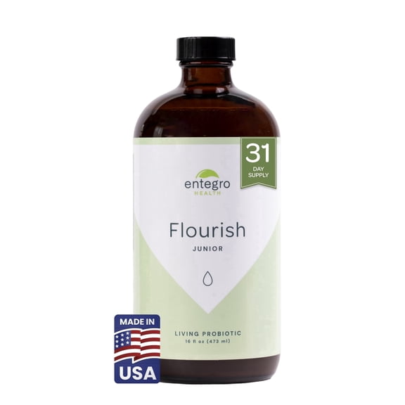 Entegro Health Flourish Junior Liquid Probiotic & Postbiotic Supplement for All Ages, 16 fl oz Glass Bottle