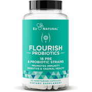 Flourish Probiotics + Prebiotics for Women   Gut and Digestion, Urinary Tract, Reduce Bloating, Vaginal Health   18 Clinically Proven Strains, 14 Billion CFU   30 Shelf-Stable Mini Vegan Capsules