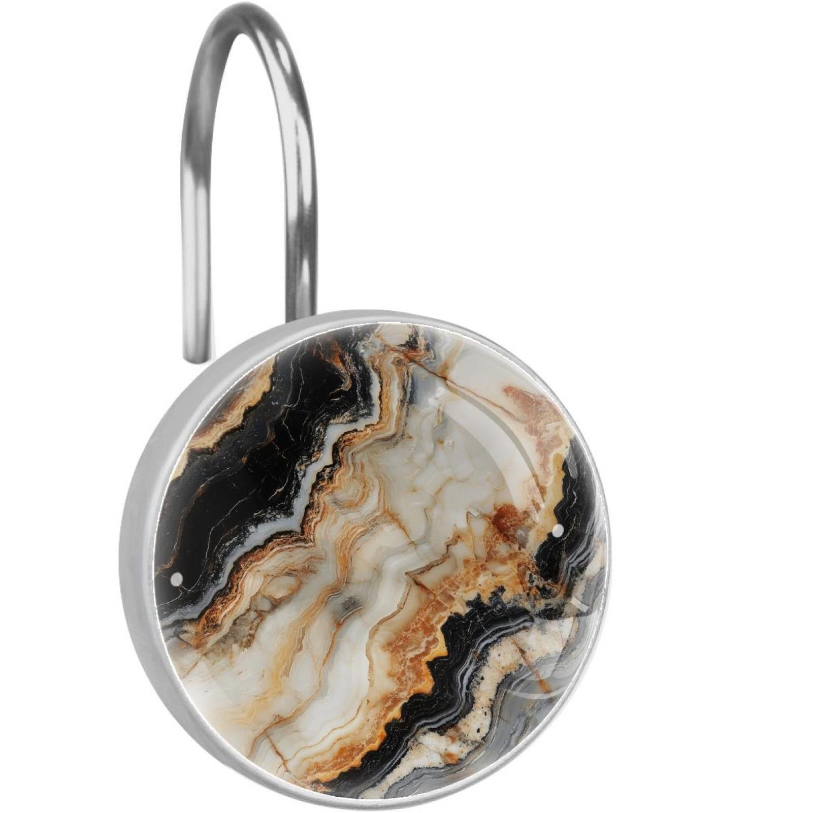 Flow Black Marble Wave Shower Curtain Hooks Round Crystal Glass, Set of 12 Shower Curtain Rings - Shower Hooks for Curtain Shower Rings