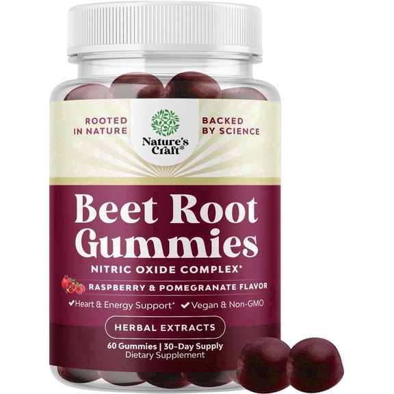 Natures Craft Beetroot Supplement, Nitric Oxide Complex Beet Chews for Adults, 60 Gummies