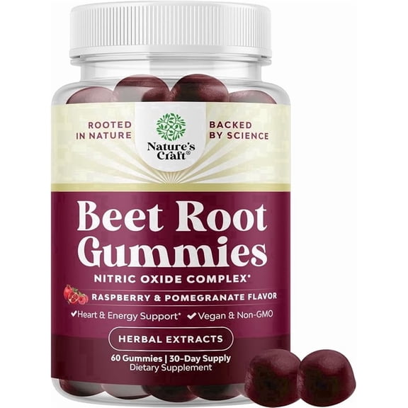 Natures Craft Beetroot Supplement, Nitric Oxide Complex Beet Chews for Adults, 120 Gummies