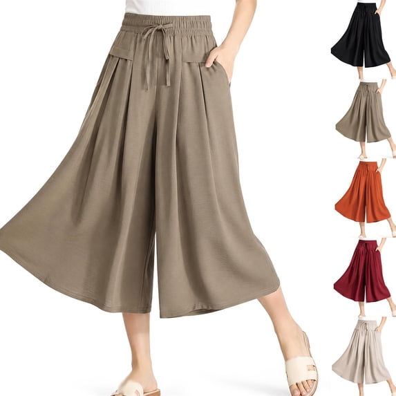 Flow Charm Pull-On Capri Culottes for Women High Waisted Wide Leg Pants, Drawstring Elastic Waist Culottes with Pockets Lightweight Casual Palazzo Trousers Khaki L