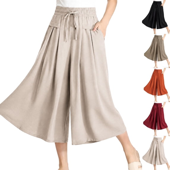 Flow Charm Pull-On Capri Culottes for Women High Waisted Wide Leg Pants, Drawstring Elastic Waist Culottes with Pockets Lightweight Casual Palazzo Trousers White XL