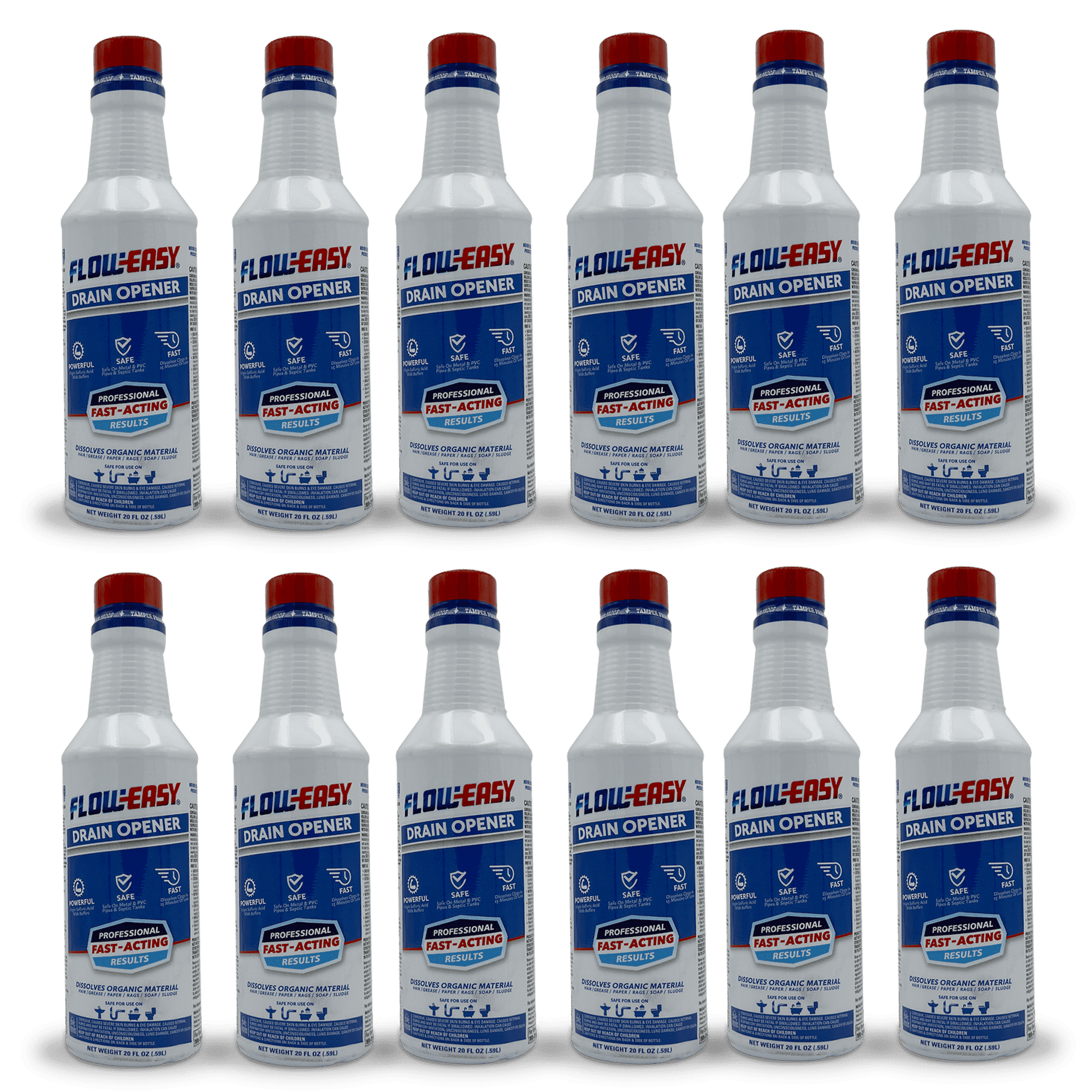 Flow-Easy Professional Virgin Sulfuric Acid Drain Opener, 12 Pack (20oz Bottles), Fast-Acting Liquid Clog Remover for Grease, Hair, & Soap Scum