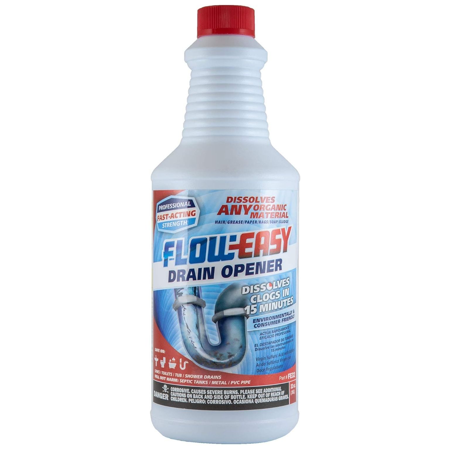 FlowEasy Drain Opener Fastacting formula. Safe for pipes, sinks, toilets, septic systems