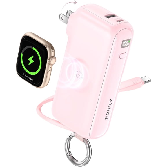 Flow Portable Charger, 10000mAh 40W Fast Charging Power Bank with Built-in USB C Cable and Foldable Wall Plug, Battery Pack Travel Essentials for iPhone 17/16/15, Apple Watch, iPad, MacBook