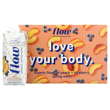 Flow Spring Water - Peach and Blueberry Flavored Naturally Alkaline Water With Electrolytes And Essential Minerals - Eco-Friendly Pack, BPA-Free. 12 Pack of 16.9 FL Bottles