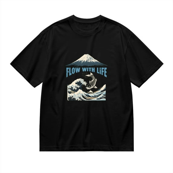 Flow With Life, Wave And Koi Print, Vintage T Shirt, Cotton T-Shirt for Men, 23554201,M
