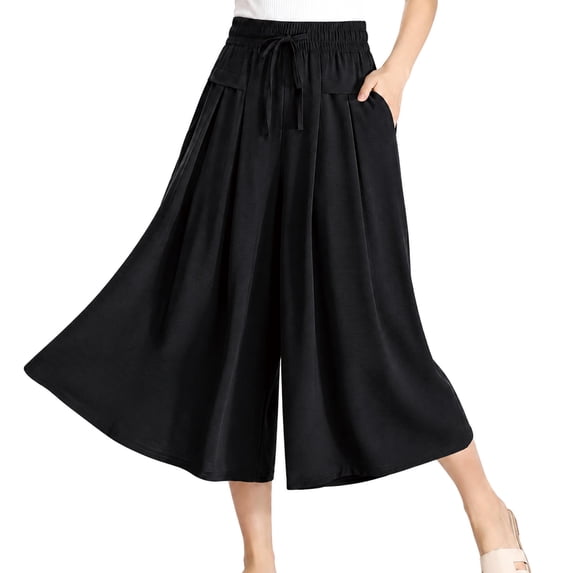 FlowCharm Pull-On Capri Culottes for Women, Drawstring Loose Fit Summer Wide Leg Pants