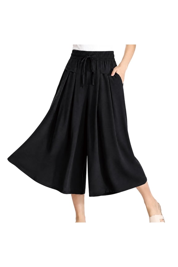 Pull-On Capri Culottes for Women, Drawstring Loose Fit Summer Wide Leg Pants
