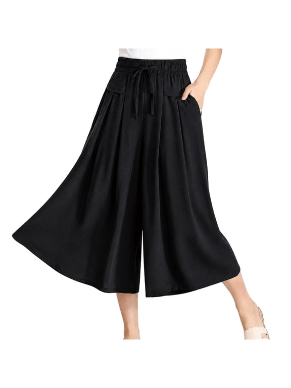 Pull-On Capri Culottes for Women, Drawstring Loose Fit Summer Wide Leg Pants