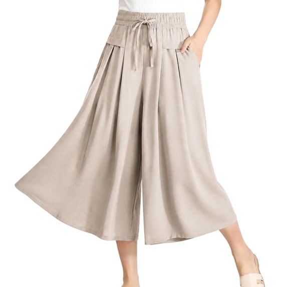 FlowCharm Pull-On Capri Culottes for Women, Drawstring Loose Fit Summer Wide Leg Pants