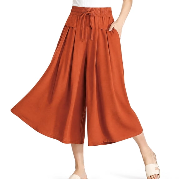 FlowCharm Pull-On Capri Culottes for Women, Drawstring Loose Fit Summer Wide Leg Pants