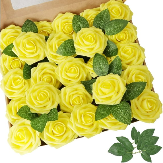 FlowGircnty Artificial Flower Yellow Rose 25pcs Real Looking Fake Roses w/Stem for DIY Wedding Bouquets Centerpieces Arrangements Party Baby Shower Home Decorations