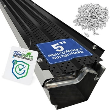FlowGuard USA Made Professional DIY 5 Inch High Clearance 50-Year Gutter Cover System - Black - Aluminum Gutter Guards - 102 Feet - by FlexxPoint