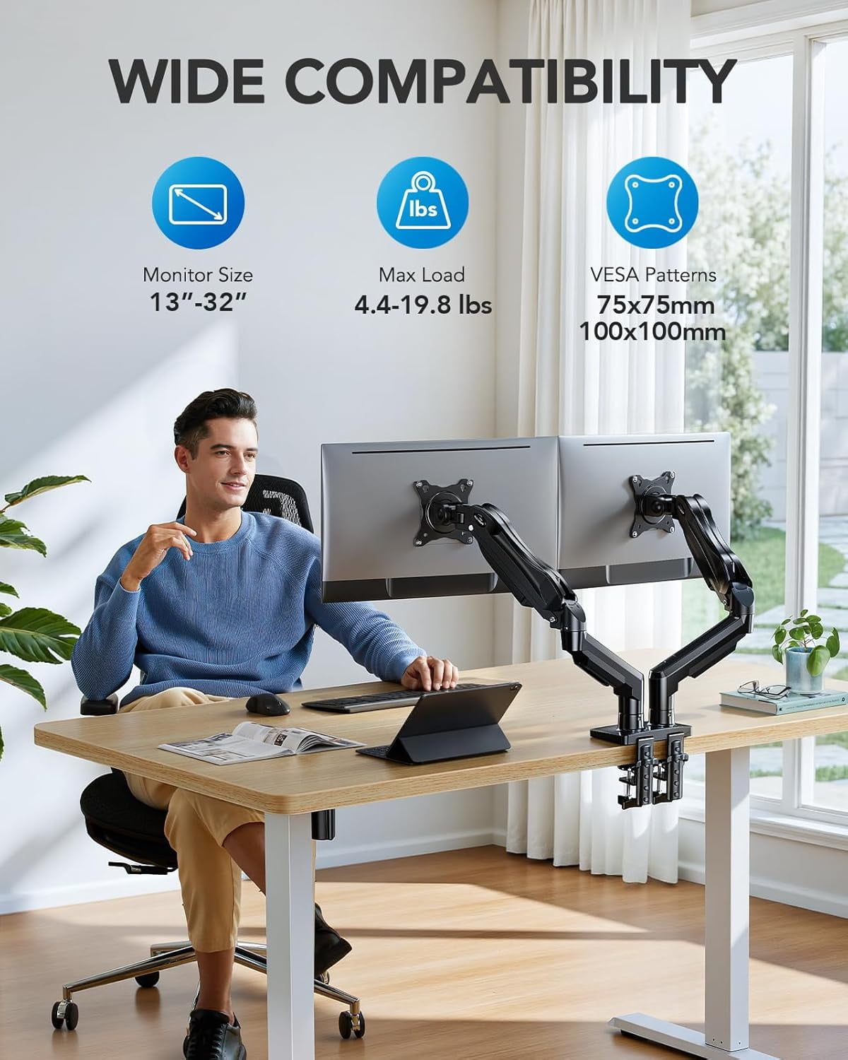 FlowLift Dual Monitor Stand Fully Adjustable Gaming Desk Mount for 13-32 Inch Screens