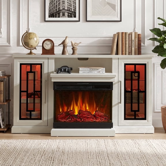 FlowSun 59 inch Fireplace TV Stand for TVs up to 65'',Modern Highboy Media Console with 24 '' 3-Side Glass Fireplace,Adjustable Flame & LED Color,Antique White