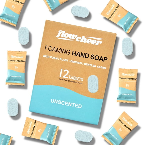 Flowcheer Foaming Hand Soap Tablets Refill 12 Packs-Natural Ingredients, Cleansing & Moisturizing-Unscented