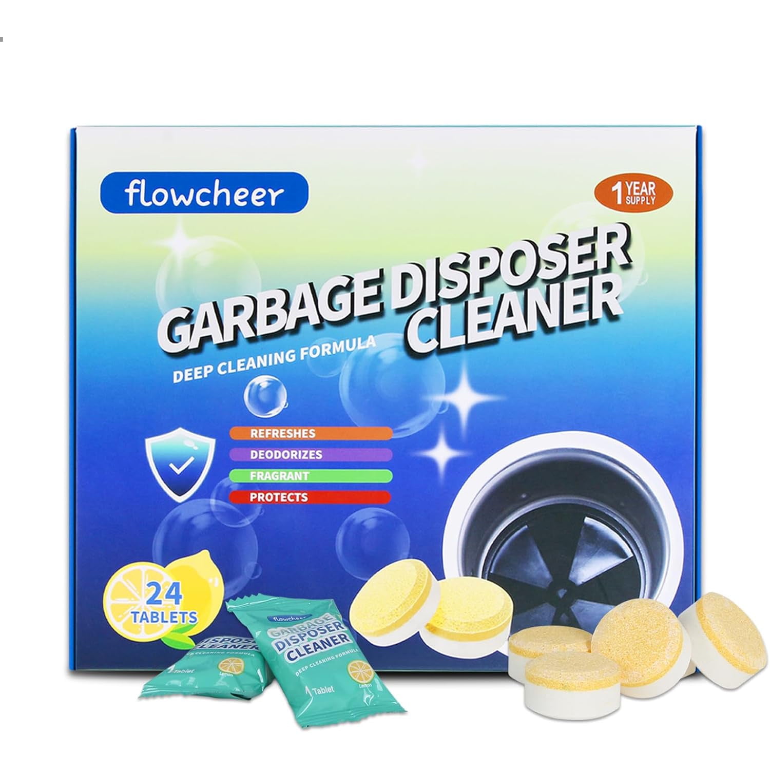 Flowcheer Garbage Disposal Cleaner and Deodorizer 24 Pack Fresh Lemon