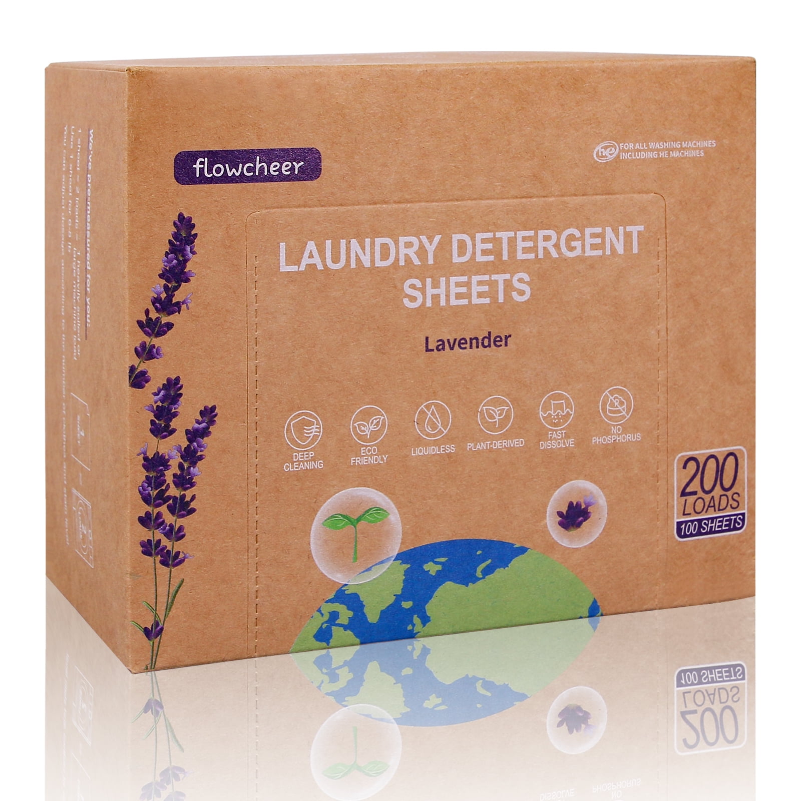 Flowcheer Laundry Detergent Sheets, 100 Pcs (Up To 200 Loads), Lavender  Scent, Eco-Friendly Washer Sheets, All Machine, Hand Wash Ok, Light Weight