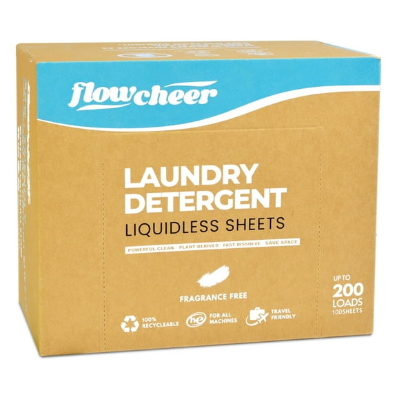 Flowcheer Laundry Detergent Sheets, 100 Sheets (200 Loads), Unscented, Concentrated Power Cleaning Strips for Cleaner Clothes, Hand Wash, Eco-friendly, LightWeight, Plant Based