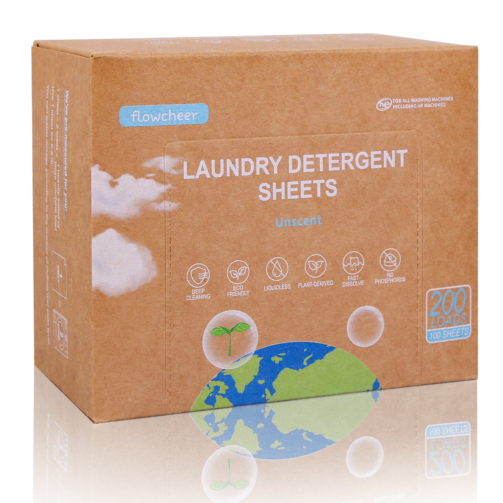 Flowcheer Laundry Detergent Sheets, 100 Sheets (200 Loads), Unscented, Concentrated Power Cleaning Strips for Cleaner Clothes, Hand Wash, Eco-friendly, LightWeight, Plant Based