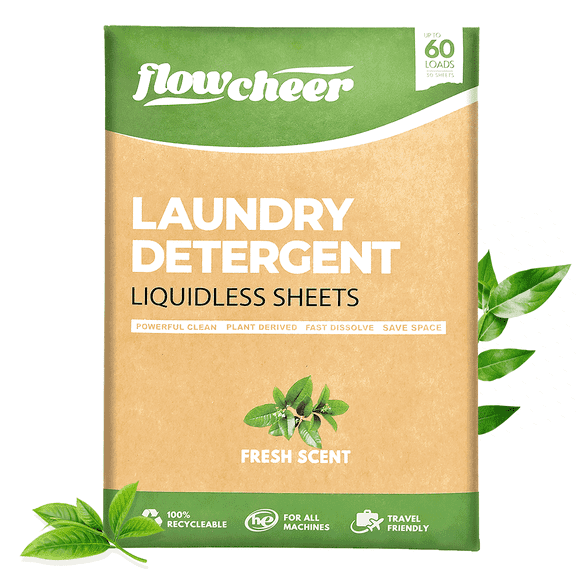 Flowcheer Laundry Detergent Sheets, 30 Pcs (Up To 60 Loads), Fresh Scent, Concentrated Power Cleaning Strips for Cleaner Clothes, All Washing Machines, Earth Friendly, Natural