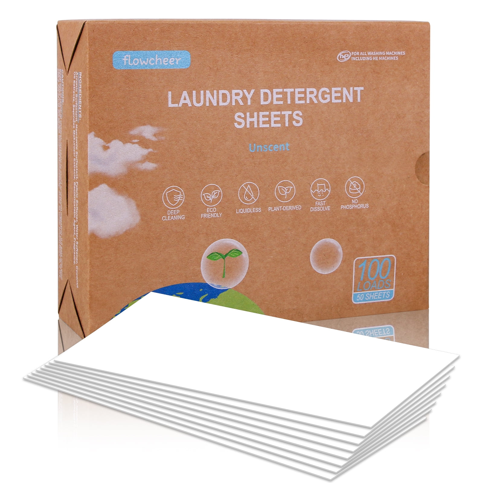 Flowcheer Laundry Detergent Sheets 50 Sheets（100 loads）,Eco Washing