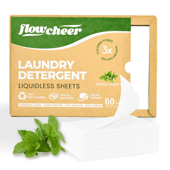 Flowcheer Laundry Detergent Sheets, 60 Sheets(Up to 120 Loads), Fresh Scent, Ultra-Concentrated