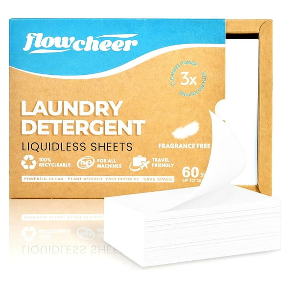 Flowcheer Laundry Detergent Sheets , 60 Sheets (120 Loads) Unscented Eco-Friendly Laundry Sheets