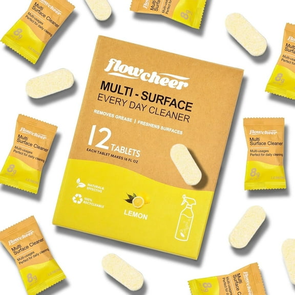 Flowcheer All-purpose Cleaner Refill Tablets 12 Pack-Makes 192 fl oz(12x16Fl oz)Bottles of 12 Multi-Surface Cleaning Spray - Natural Ingredients,  Lemon Scent